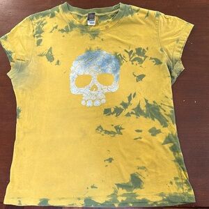 Floral skull tie dye T-shirt - Halloween - lace skull - yellow - medium